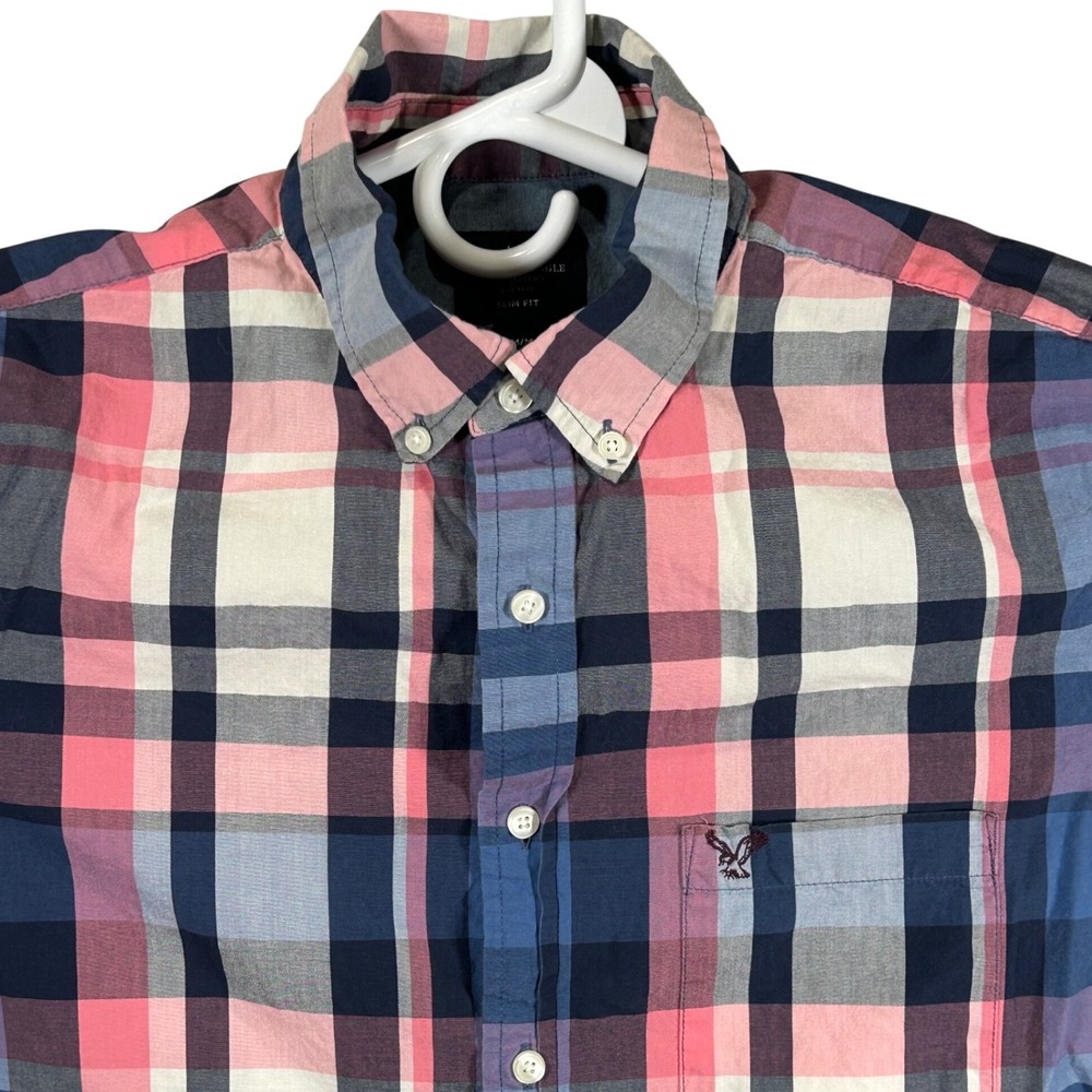 American Eagle Mens Slim Fit Short Sleeve Plaid Button Down Shirt Pink Blue Med‎